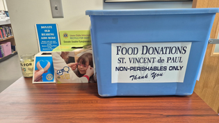 The library accepts donations for St. Vincent de Paul of Exeter and Lions Club International