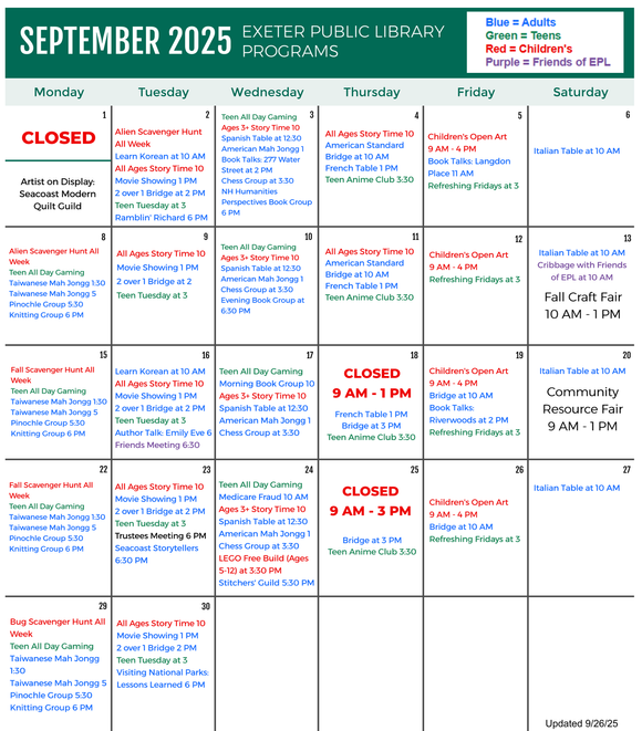 September 2025 Programs Calendar
