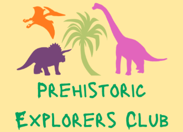 Prehistoric Explorers Club logo with three dinosaurs and a palm tree.